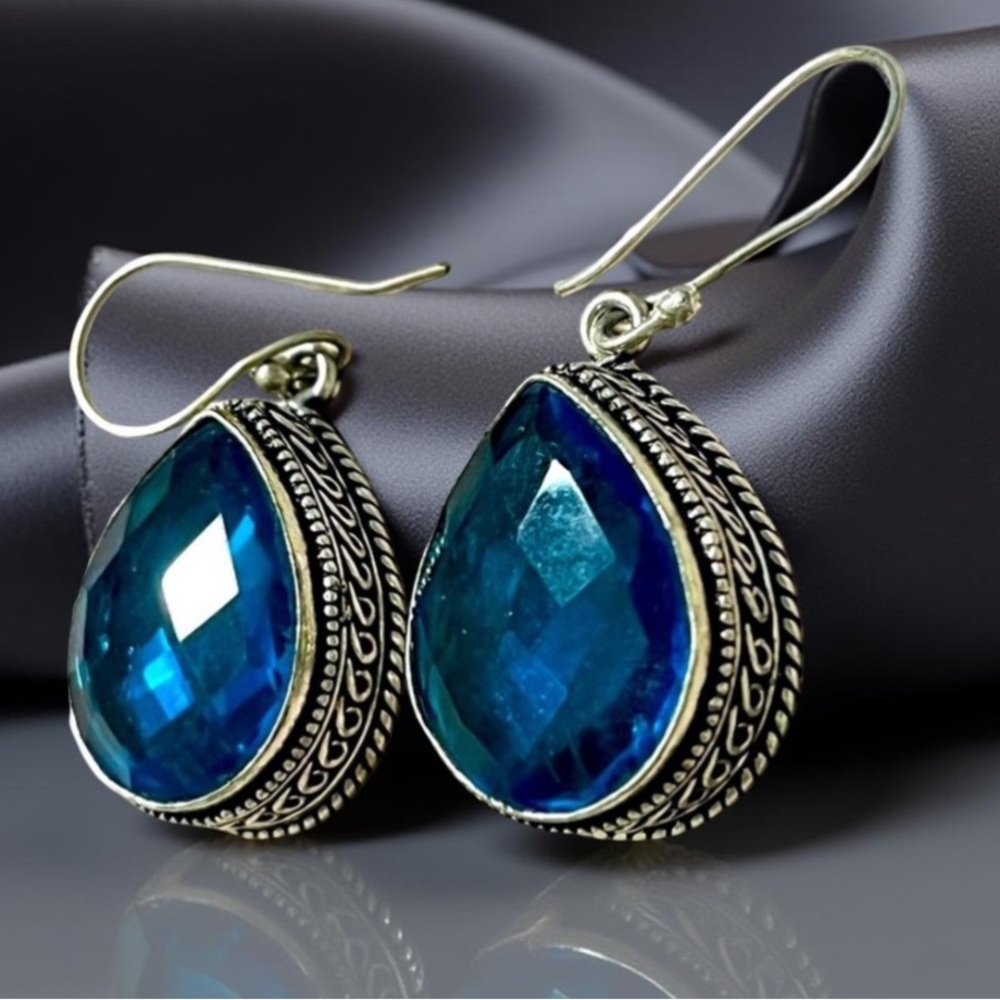 Sterling silver earrings Blue / Teal 925 earrings facets cut Beautiful - Picture 13 of 13